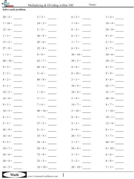 3.oa.7 Worksheets - Multiplying & Dividing within 100  worksheet